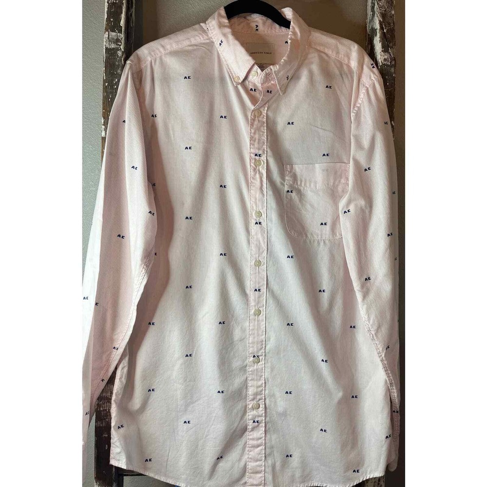 American Eagle Mens Long Sleeve Button Down Shirt Pink Striped Size Large Tall